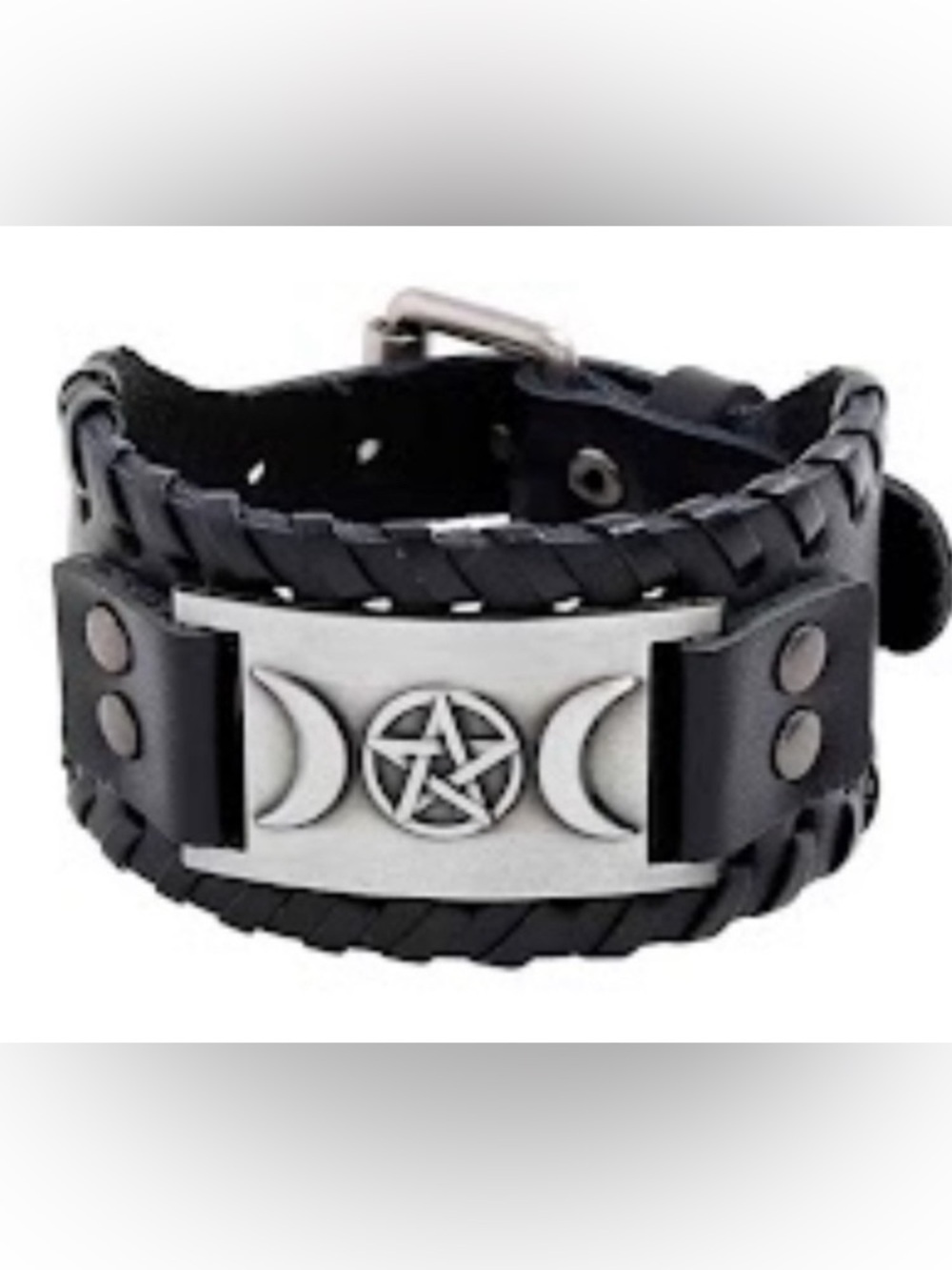 Black Leather Triple Moon Men's Cuff Bracelet 11” Long